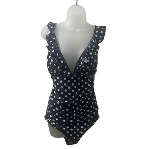 Ruffle lace up back Slimming Ruffle Black and White Polka Dot Swimsuit
